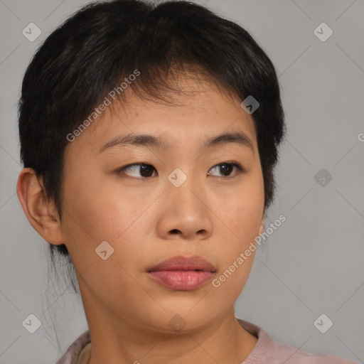 Neutral asian young-adult female with short  brown hair and brown eyes