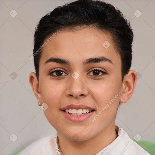 Joyful white young-adult female with short  brown hair and brown eyes