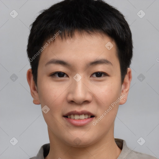 Joyful asian young-adult male with short  brown hair and brown eyes