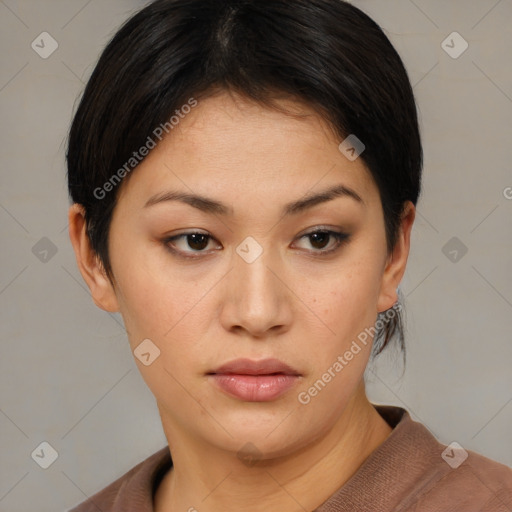 Neutral asian young-adult female with short  brown hair and brown eyes