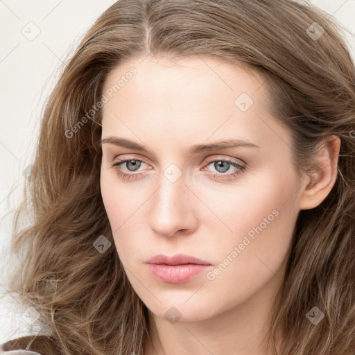 Neutral white young-adult female with long  brown hair and grey eyes