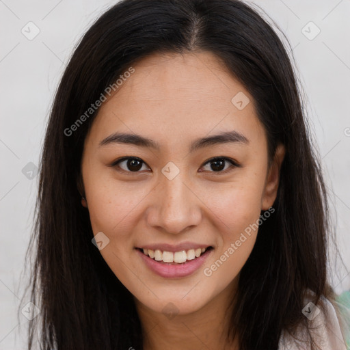 Joyful asian young-adult female with long  brown hair and brown eyes