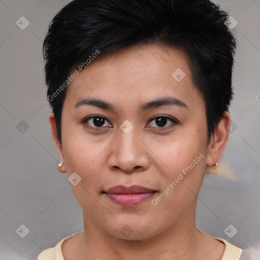 Joyful asian young-adult female with short  brown hair and brown eyes