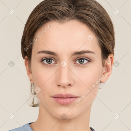 Neutral white young-adult female with medium  brown hair and grey eyes