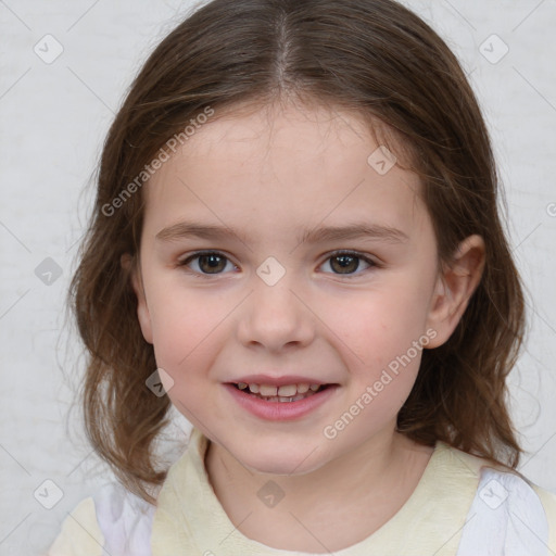 Joyful white child female with medium  brown hair and brown eyes