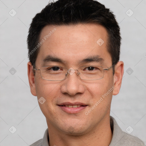 Joyful white adult male with short  black hair and brown eyes