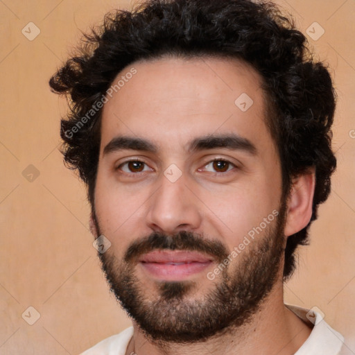 Joyful white young-adult male with short  black hair and brown eyes