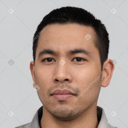 Neutral asian young-adult male with short  black hair and brown eyes