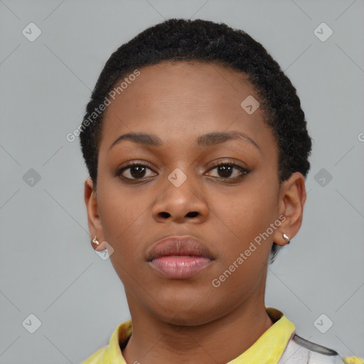 Neutral black young-adult female with short  brown hair and brown eyes