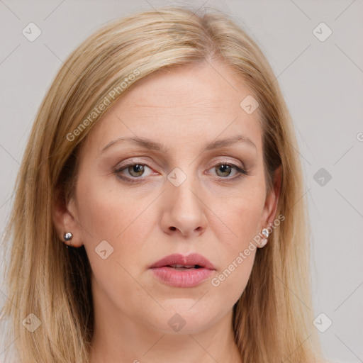 Neutral white young-adult female with long  brown hair and brown eyes