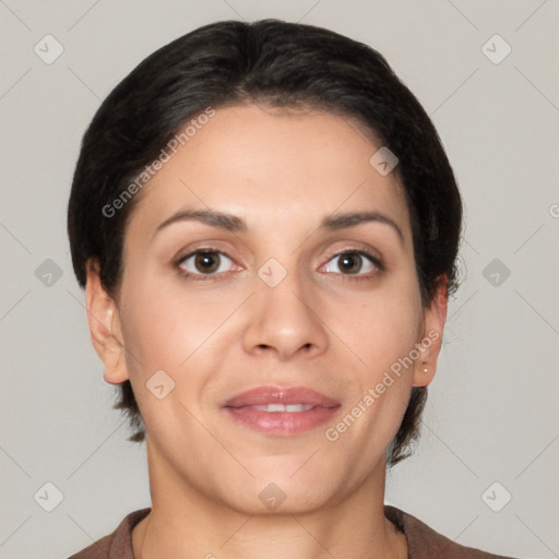 Joyful white young-adult female with short  brown hair and brown eyes