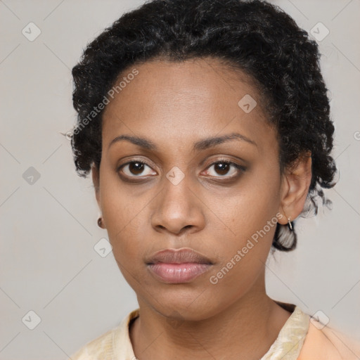 Neutral black young-adult female with short  black hair and brown eyes