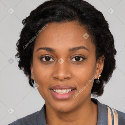 Joyful black young-adult female with medium  black hair and brown eyes