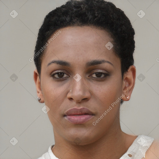 Neutral black young-adult female with short  black hair and brown eyes