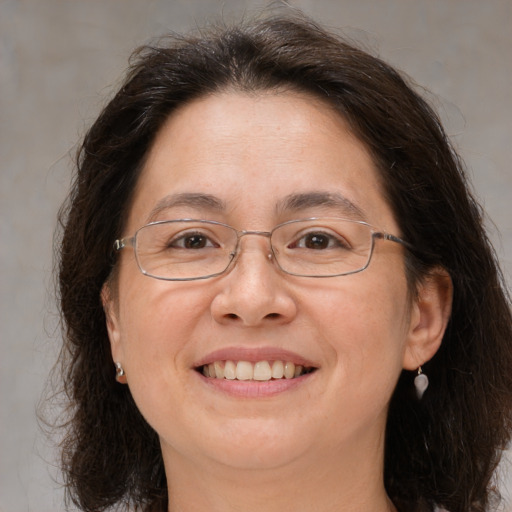 Joyful white adult female with medium  brown hair and brown eyes