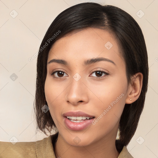 Joyful white young-adult female with medium  brown hair and brown eyes