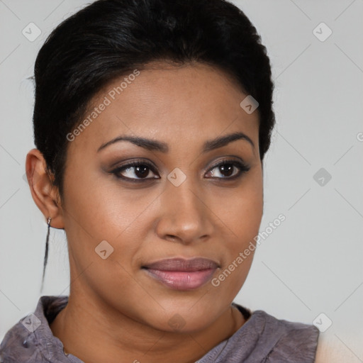 Joyful latino young-adult female with short  brown hair and brown eyes