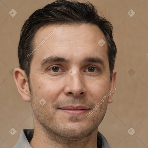 Joyful white adult male with short  brown hair and brown eyes