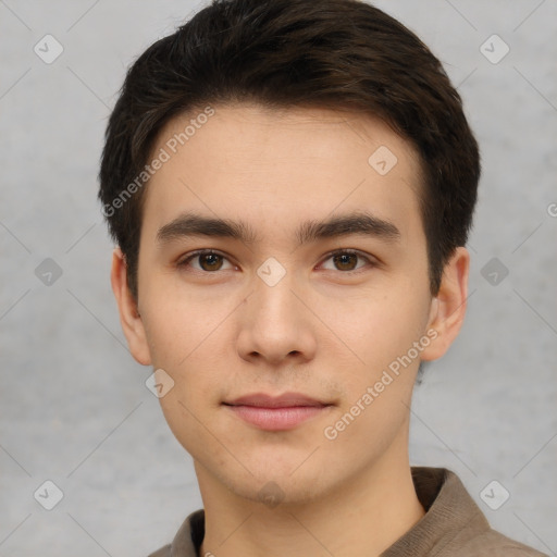 Neutral white young-adult male with short  brown hair and brown eyes
