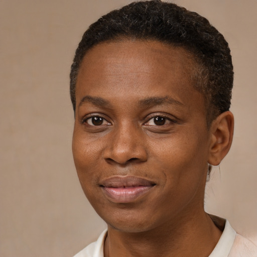 Joyful black young-adult female with short  brown hair and brown eyes