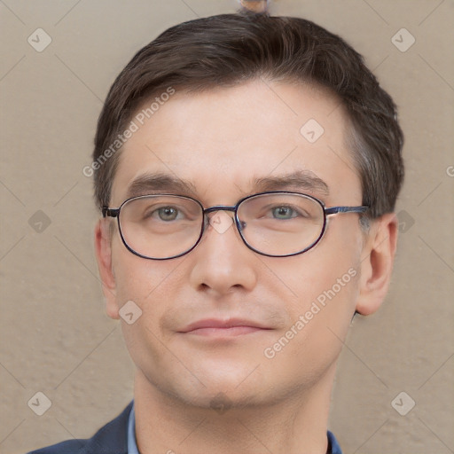 Neutral white young-adult male with short  brown hair and grey eyes