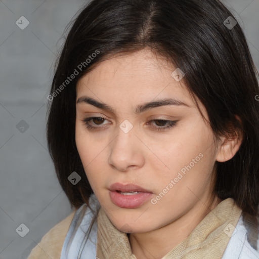 Neutral white young-adult female with medium  brown hair and brown eyes