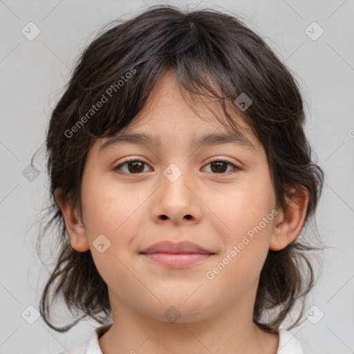 Joyful white child female with medium  brown hair and brown eyes