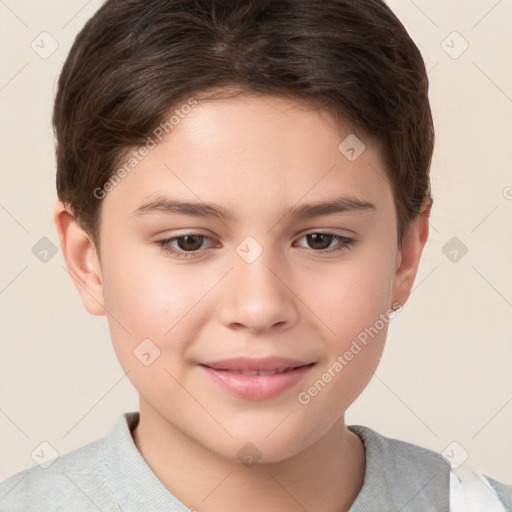 Joyful white child female with short  brown hair and brown eyes