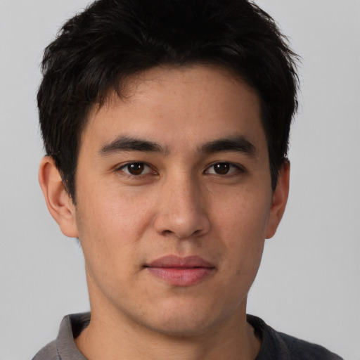 Neutral asian young-adult male with short  brown hair and brown eyes