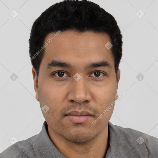 Neutral asian young-adult male with short  black hair and brown eyes