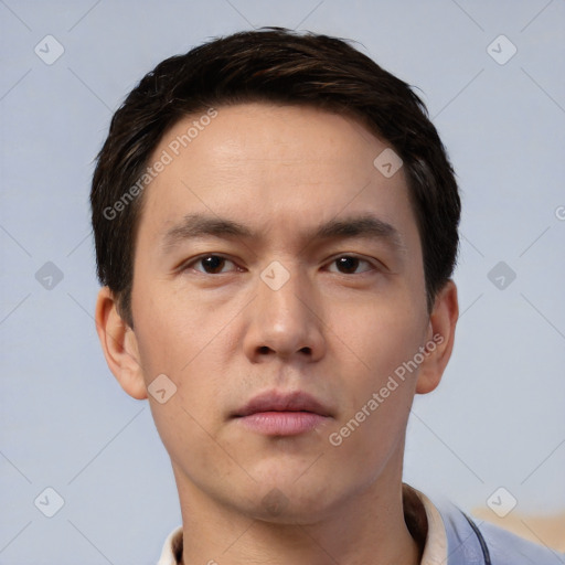 Neutral white young-adult male with short  black hair and brown eyes