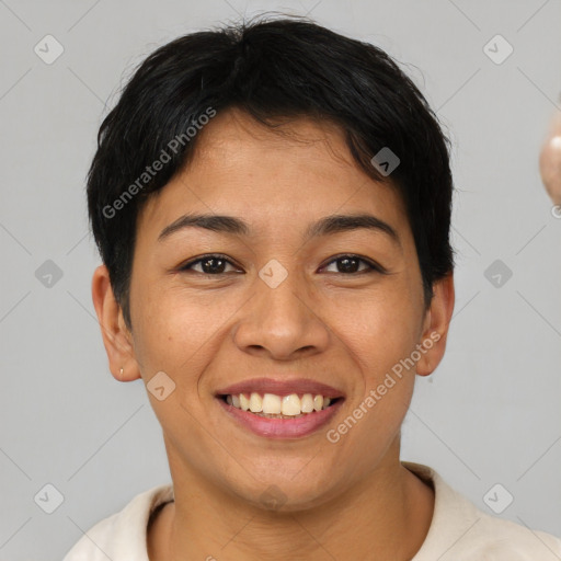 Joyful asian young-adult female with short  brown hair and brown eyes