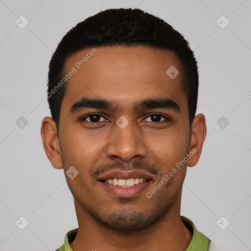 Joyful latino young-adult male with short  black hair and brown eyes