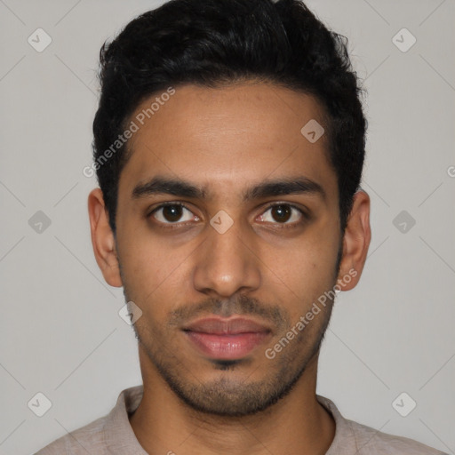 Neutral latino young-adult male with short  black hair and brown eyes