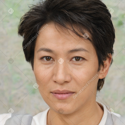 Joyful white adult female with short  brown hair and brown eyes