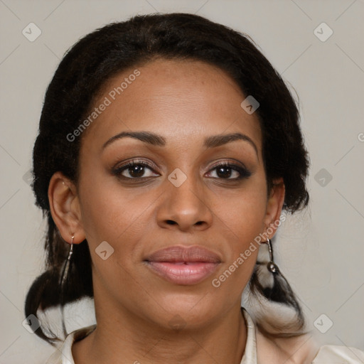 Joyful black young-adult female with medium  brown hair and brown eyes