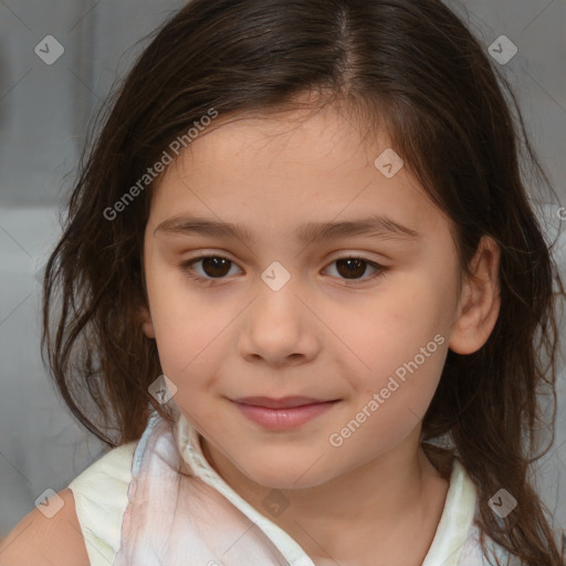 Joyful white child female with medium  brown hair and brown eyes