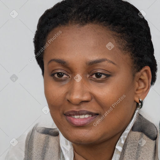 Joyful black young-adult female with short  black hair and brown eyes