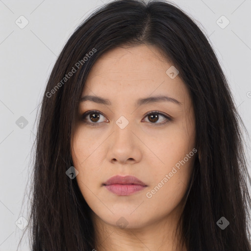 Neutral asian young-adult female with long  brown hair and brown eyes