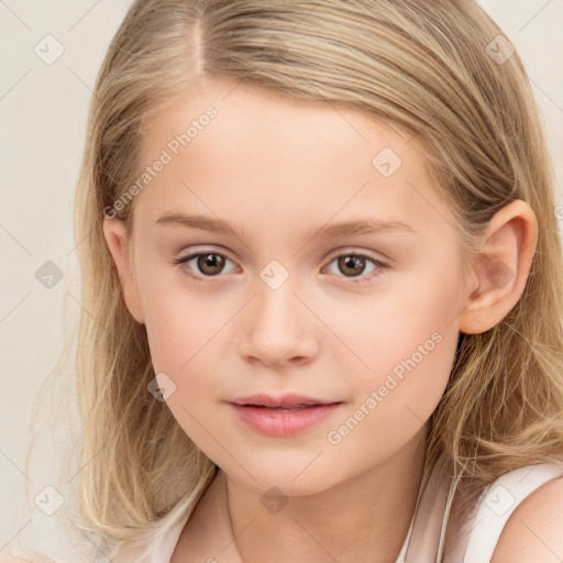 Joyful white child female with long  brown hair and brown eyes