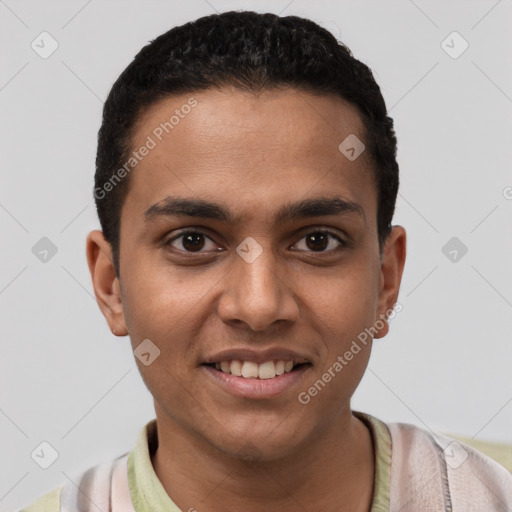 Joyful white young-adult male with short  black hair and brown eyes