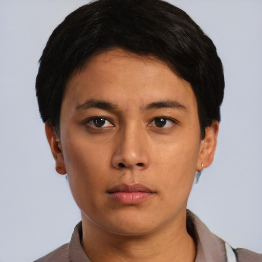 Neutral asian young-adult female with short  black hair and brown eyes