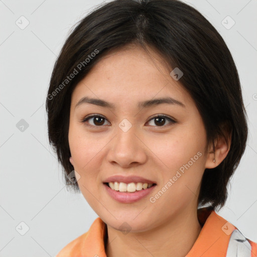 Joyful white young-adult female with medium  brown hair and brown eyes