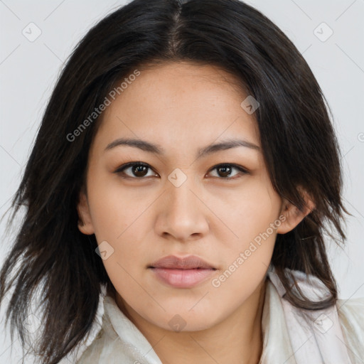 Neutral latino young-adult female with medium  brown hair and brown eyes