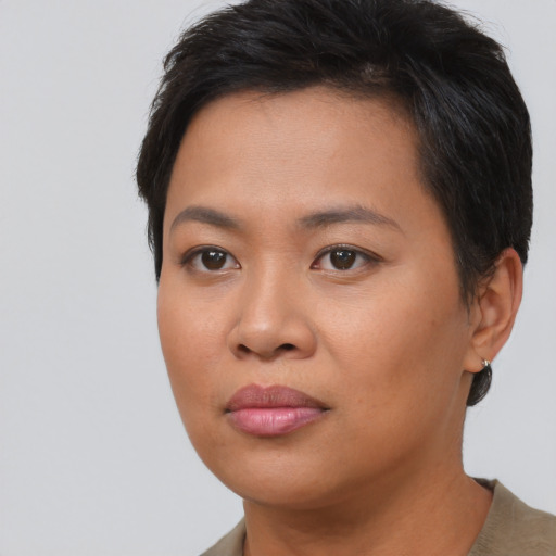 Joyful asian young-adult female with short  brown hair and brown eyes
