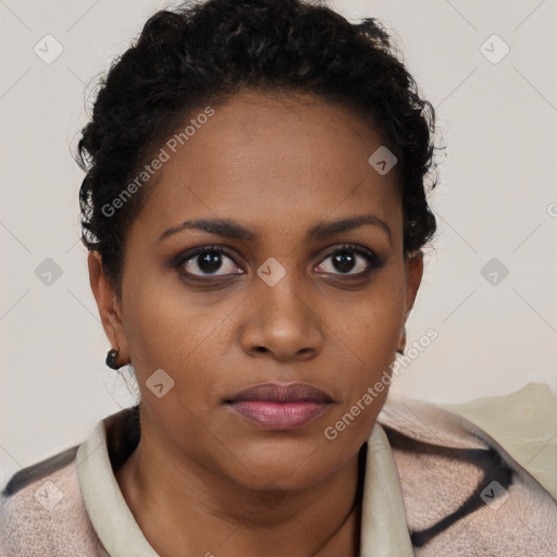 Neutral black young-adult female with short  brown hair and brown eyes