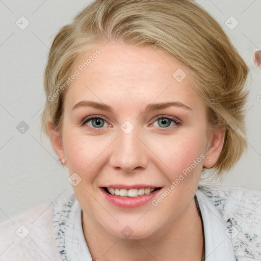 Joyful white young-adult female with medium  brown hair and blue eyes