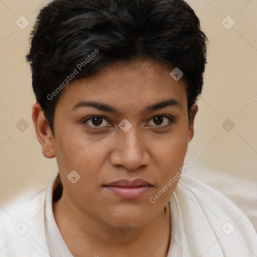 Joyful latino young-adult female with short  brown hair and brown eyes