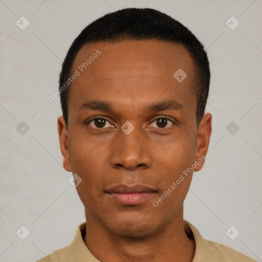 Neutral black young-adult male with short  black hair and brown eyes
