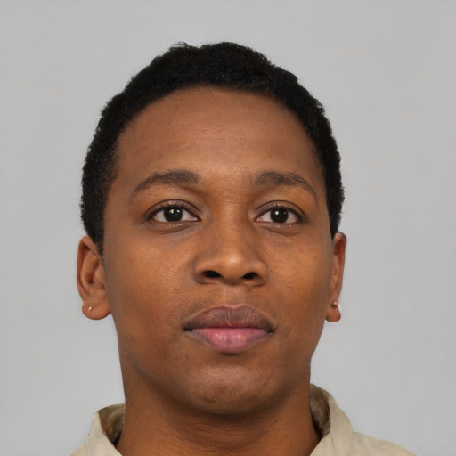 Neutral black young-adult female with short  black hair and brown eyes